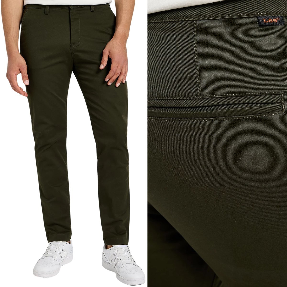 Lee SLIM CHINO Olive Night DOPASOWANE ZIELONE ZWĘŻANE CHINOSY W30 L32