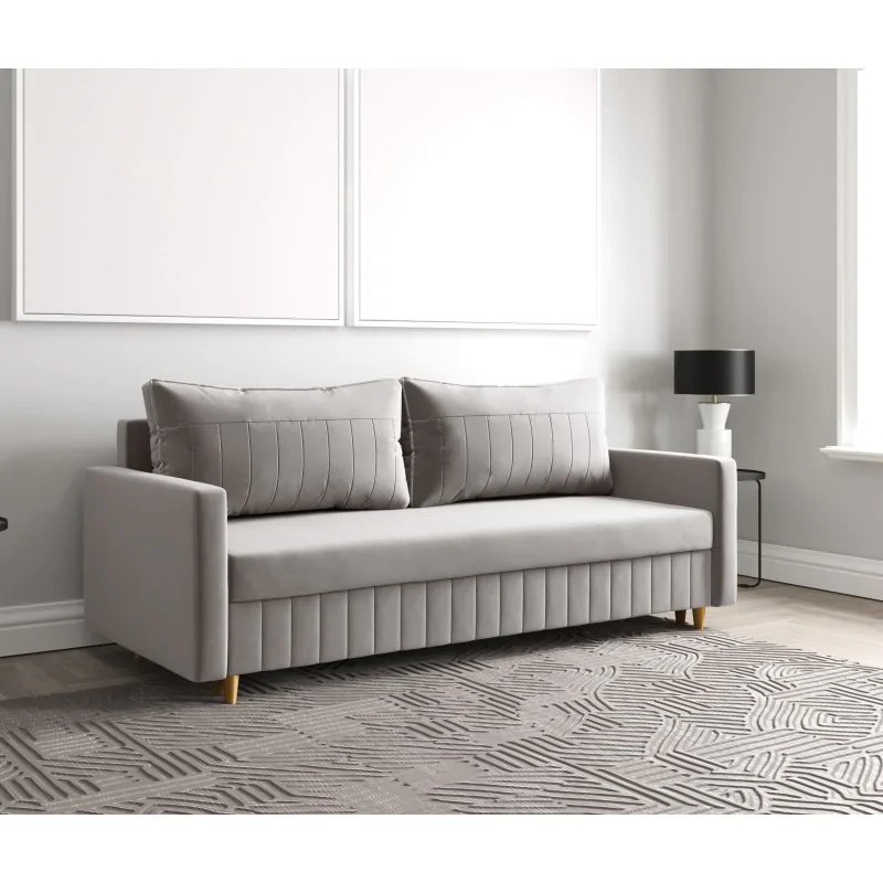 Sofa rozkładana MARO, sofa z funkcją spania i pojemnikiem na pościel, sofa rozkładana, sofa na nóżkach z naturalnego drewna, tkanina welurowa, kanapa w kolorze: szary