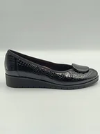 Czółenka - Czarne czółenka koturna skórzane lakier motyw kroko polska marka PULSO r. 41 - miniaturka - grafika 1