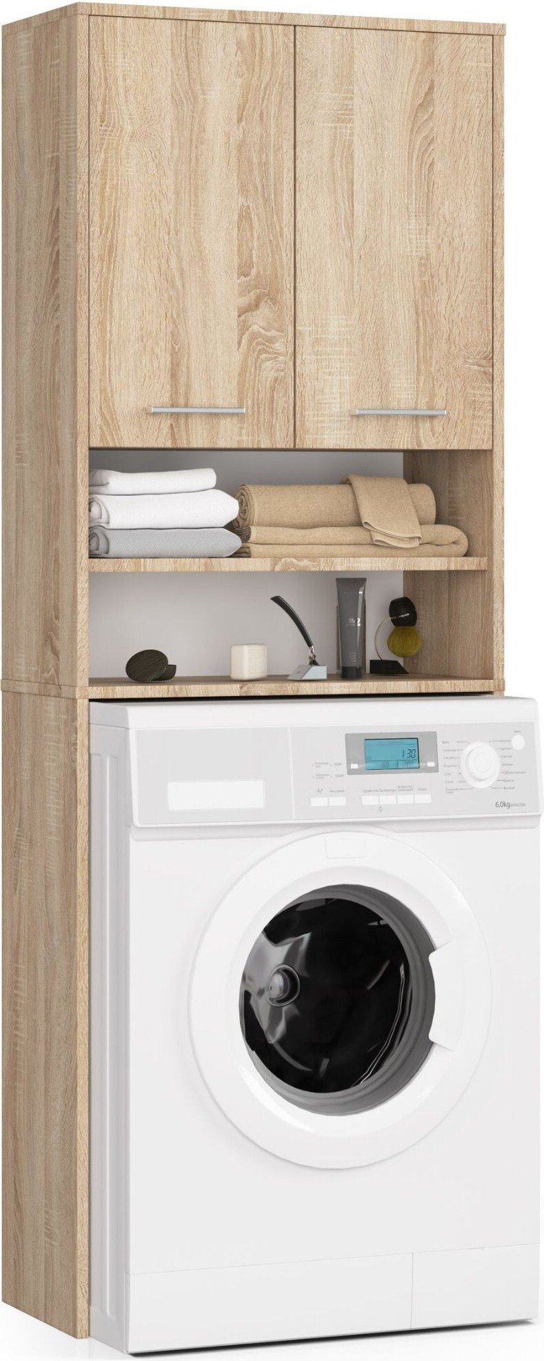 Szafka łazienkowa nad pralkę: dwoje drzwi, cztery półki, kolor: dąb sonoma, wymiary mebla: szer. 64 cm, wys. 180 cm, gł. 30 cm
