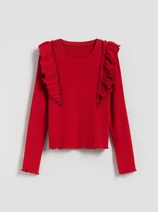 Reserved - Prążkowana bluzka z falbanką - czerwony - Bluzki dla dziewczynek - miniaturka - grafika 1
