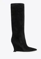 Półbuty męskie - Damskie kozaki ze skóry naturalnej zamszowej na koturnie czarne - miniaturka - grafika 1