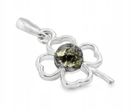 Wisiorki - Zawieszka srebrna Wisiorek koniczynka z bursztynem bałtyckim zielony - miniaturka - grafika 1