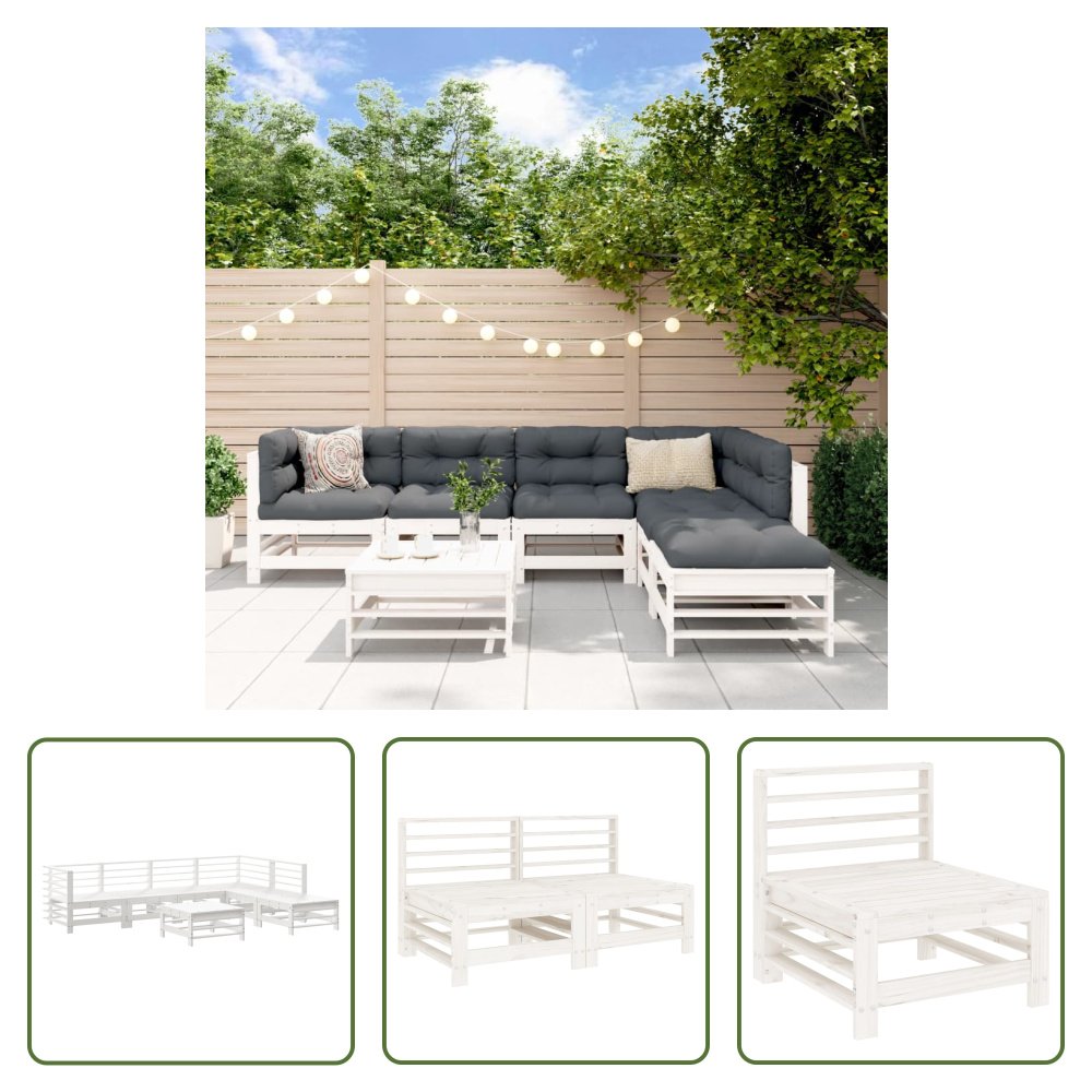 The Living Store 7-częściowy zestaw wypoczynkowy do ogrodu biały lite drewno sosnowe