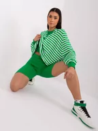 Komplety damskie - Komplet casualowy biało-zielony casual sportowy top i bluza szorty nogawka zwężana materiał prążkowany zatrzask - miniaturka - grafika 1