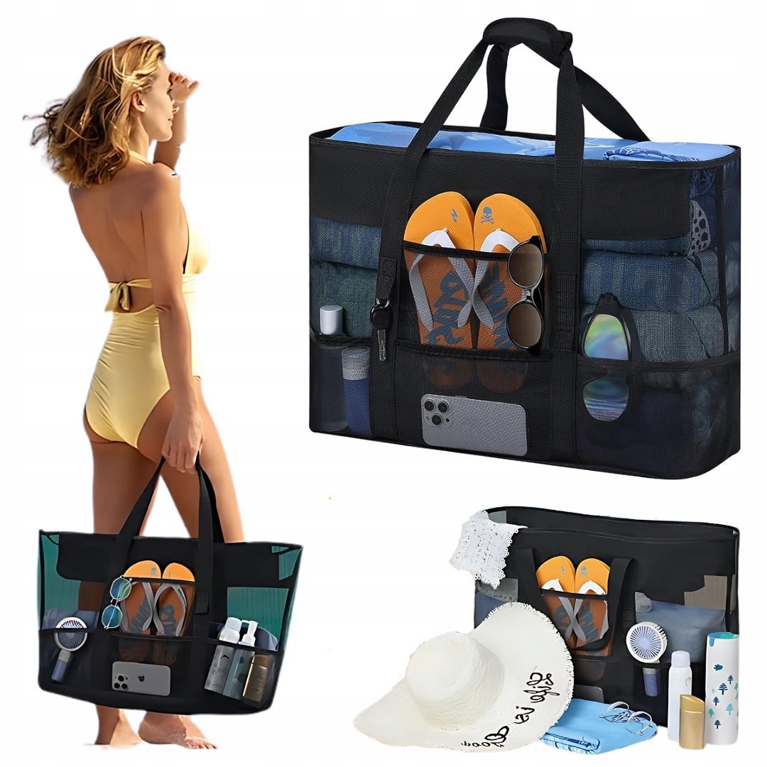 XXL DUŻA TORBA PLAŻOWA Z SIATKI SKŁADANA - ODPORNA NA PIASEK TORBY PLAŻOWE