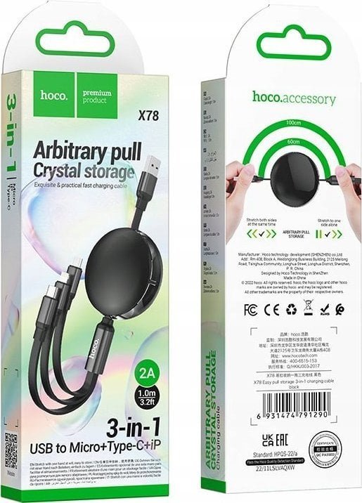 Kabel USB Hoco HOCO kabel 3w1 USB A do Lightnig / Micro USB / Typ C 2A X78 1 m czarny