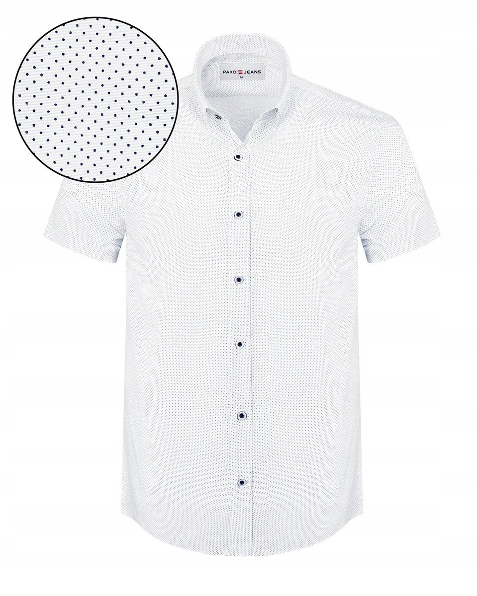 Koszula Męska z Krótkim Rękawem Biała w Kropki Slim Fit Pako Jeans
