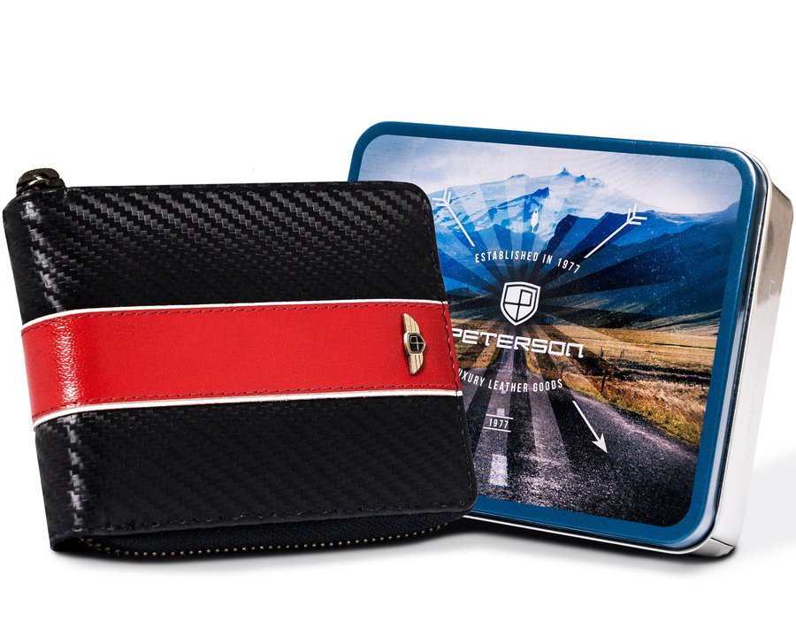 Klasyczny męski portfel poziomy na suwak duży na karty gotówkę PETERSON skóra naturalna czarny czerwony elegancki prezent RFID STOP