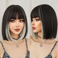 Ozdoby do włosów - TEMU Peruka Bob Krótki Prosty Biały Pasemko Czarna Peruka dla Kobiet Codzienne Użycie Imprezowe Wysoka Gęstość Srebrne Pasy Peruki z Grzywką Odporna - miniaturka - grafika 1