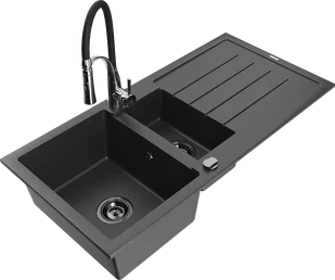 Mexen Andres zlewozmywak granitowy 1,5-komorowy z ociekaczem i baterią kuchenną Aster, czarny nakrapiany - 6515-76-73450-07-B - Zlewozmywaki z baterią - miniaturka - grafika 1