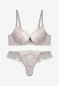 Komplety bielizny - Szaro-Różowy Koronkowy Komplet Biustonosz z Push Upem i Stringami Yalira - miniaturka - grafika 1