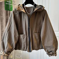 Kurtki damskie - TEMU Damska kurtka na zamek z kapturem - jednokolorowa, wygodna, z długim rękawem, idealna na wiosnę i jesień, kurtka na co dzień|Kurtka z kapturem i - miniaturka - grafika 1