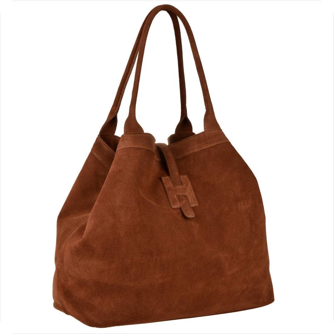 Torba shopper brąz koniak pojemna skóra naturalna zamszowa XL