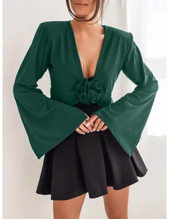Bluzka crop top z poduszkami i różą LILWEN - butelkowa zieleń - Bluzki damskie - miniaturka - grafika 1