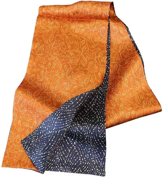 SZALIK 150X16CM SATYNOWY DWUWARSTWOWY KWIATOWY GRANATOWY POMARAŃCZOWY