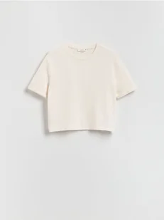 Reserved - Dzianinowy t-shirt z bawełną - złamana biel - Koszulki i topy damskie - miniaturka - grafika 1