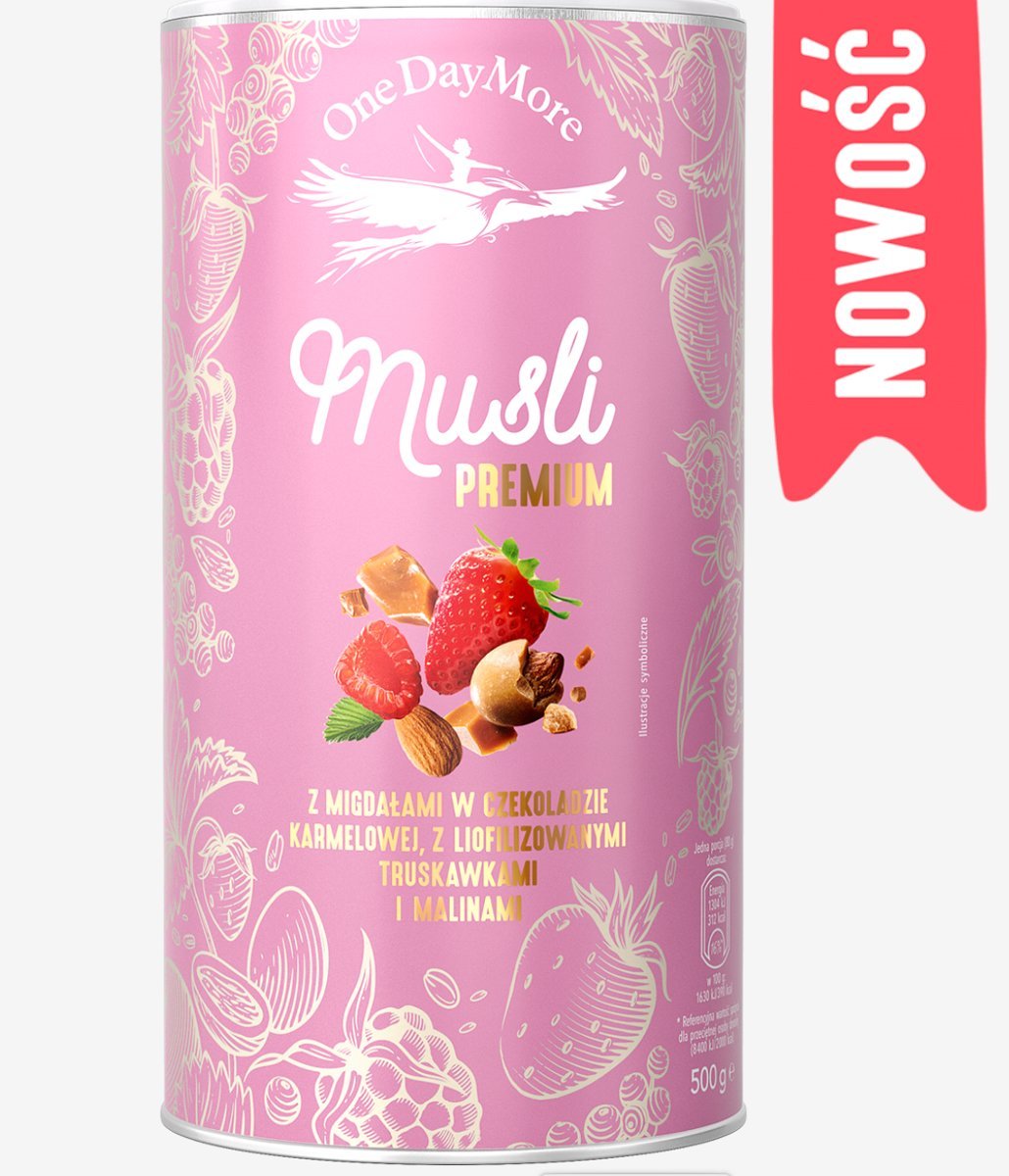 MUSLI PREMIUM Z MIGDAŁAMI W CZEKOLADZIE KARMELOWEJ 500 g - ONEDAYMORE