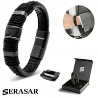 Bransolety męskie - SERASAR męska skórzana bransoletka „Ring”, czarna, 20 cm - ze stalowym zapięciem magnetycznym - w zestawie pudełko prezentowe - modna opaska na nadg.. - miniaturka - grafika 1