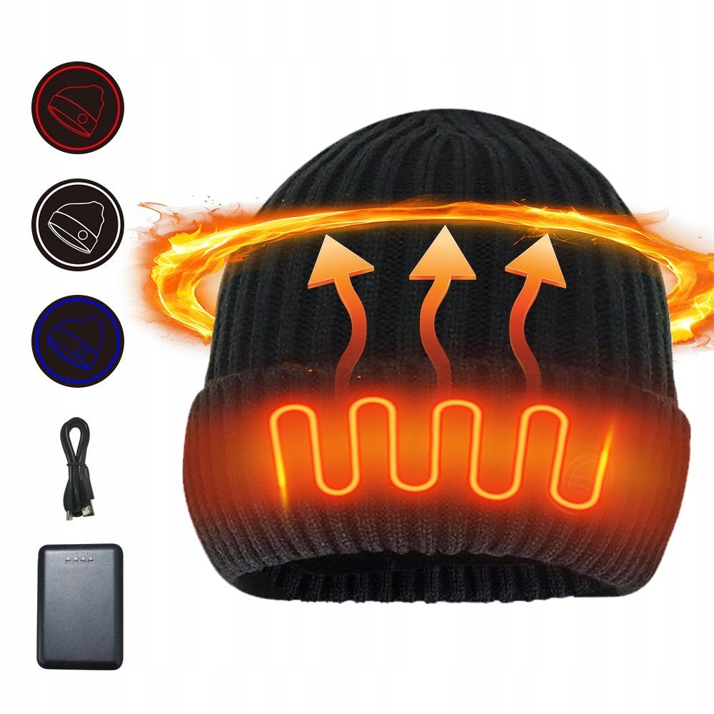 CZAPKA ELEKTRYCZNA 7000 MAH PODGRZEWANA CZARNA ZIMOWA OUTDOOR 3 TRYBY
