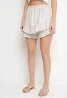 Spodenki damskie - Jasnobeżowe Bawełniane Spódnico-Szorty z Falbankami Turena - miniaturka - grafika 1
