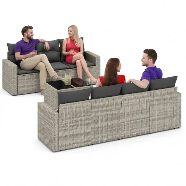 Zestaw mebli ogrodowych modułowych jasnoszary z poduszkami, rattan PE