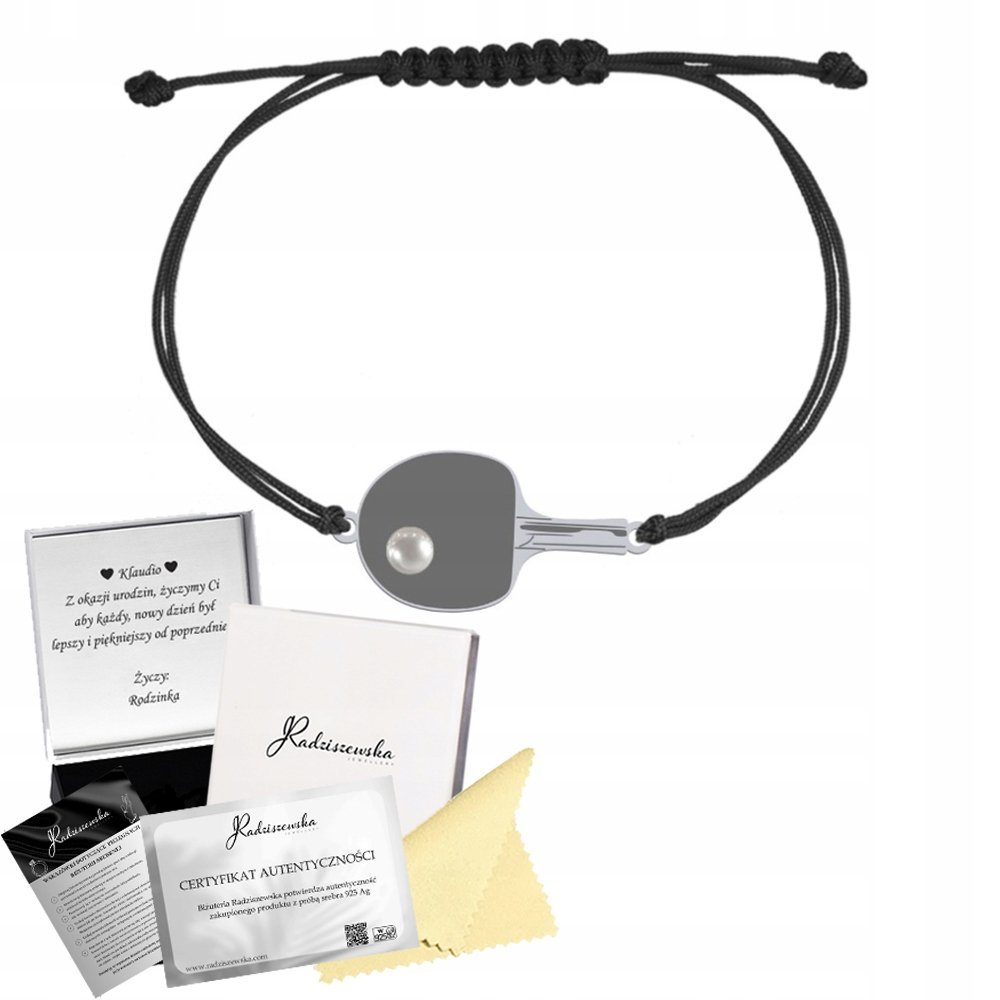 Bransoletka Srebrna Rakieta do Tenisa Stołowego 925 Prezent GRAWER GRATIS