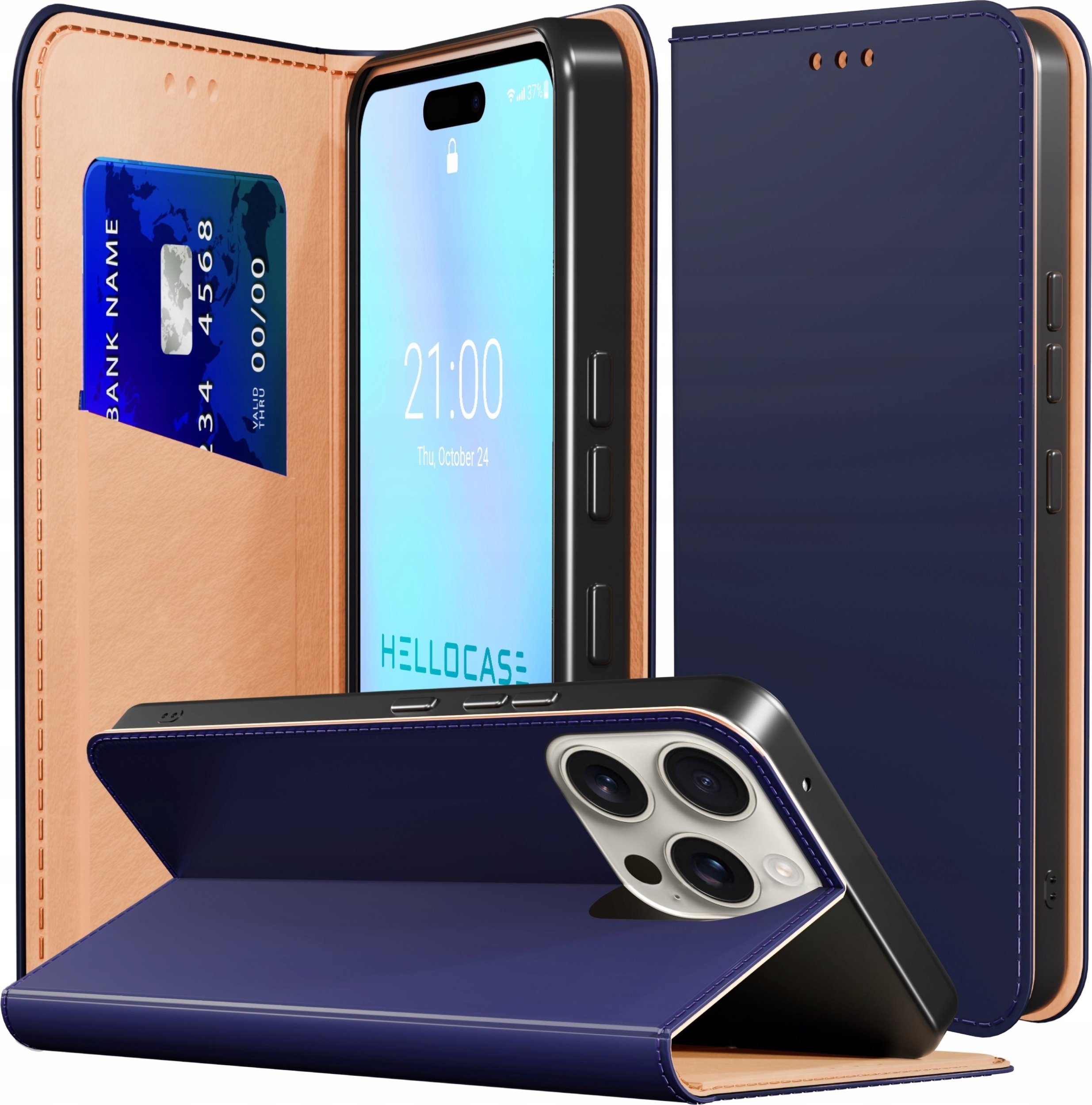 Etui z Klapką do Apple iPhone 16 Pro Skórzane, Zamykane, Granatowe, Case