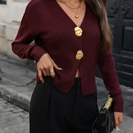 Swetry damskie - TEMU Kardigan z Dekoltem w Serek, Jednokolorowy z Metalową Klamrą – Elegancki i Uniwersalny - miniaturka - grafika 1