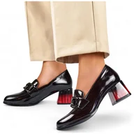Półbuty damskie - Czarne eleganckie półbuty damskie z czerwonym obcasem czółenka lakierowane - miniaturka - grafika 1