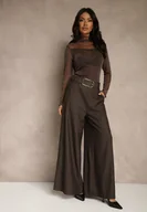 Spodnie damskie - Brązowe Szerokie Garniturowe Spodnie z Bawełny High Waist Ozdobione Paskiem Tusneva - miniaturka - grafika 1