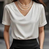 Koszule damskie - TEMU Bluzka Damska Letnia z Krótkim Rękawem i Dekoltem w Serek – Lekki, Elegancki Top Jednokolorowy, Pranie Maszynowe, Regularny Fason do Biura i Na - miniaturka - grafika 1