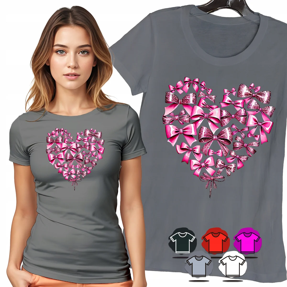 KOSZULKA DAMSKA T-SHIRT - SERCE Z RÓŻOWYCH KOKARDEK ELEGANCKI WZÓR - L