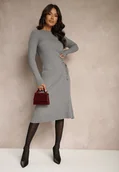 Sukienki - Szara Prążkowana Sweterkowa Sukienka z Wiskozą i Troczkiem z Boku Agranea - miniaturka - grafika 1