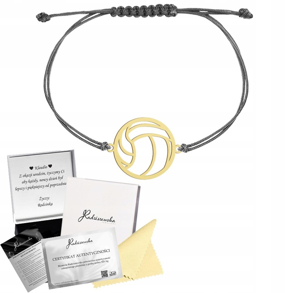 Bransoletka Złota Piłka do Siatkówki SREBRO 925 Sznurek DEDYKACJA GRATIS