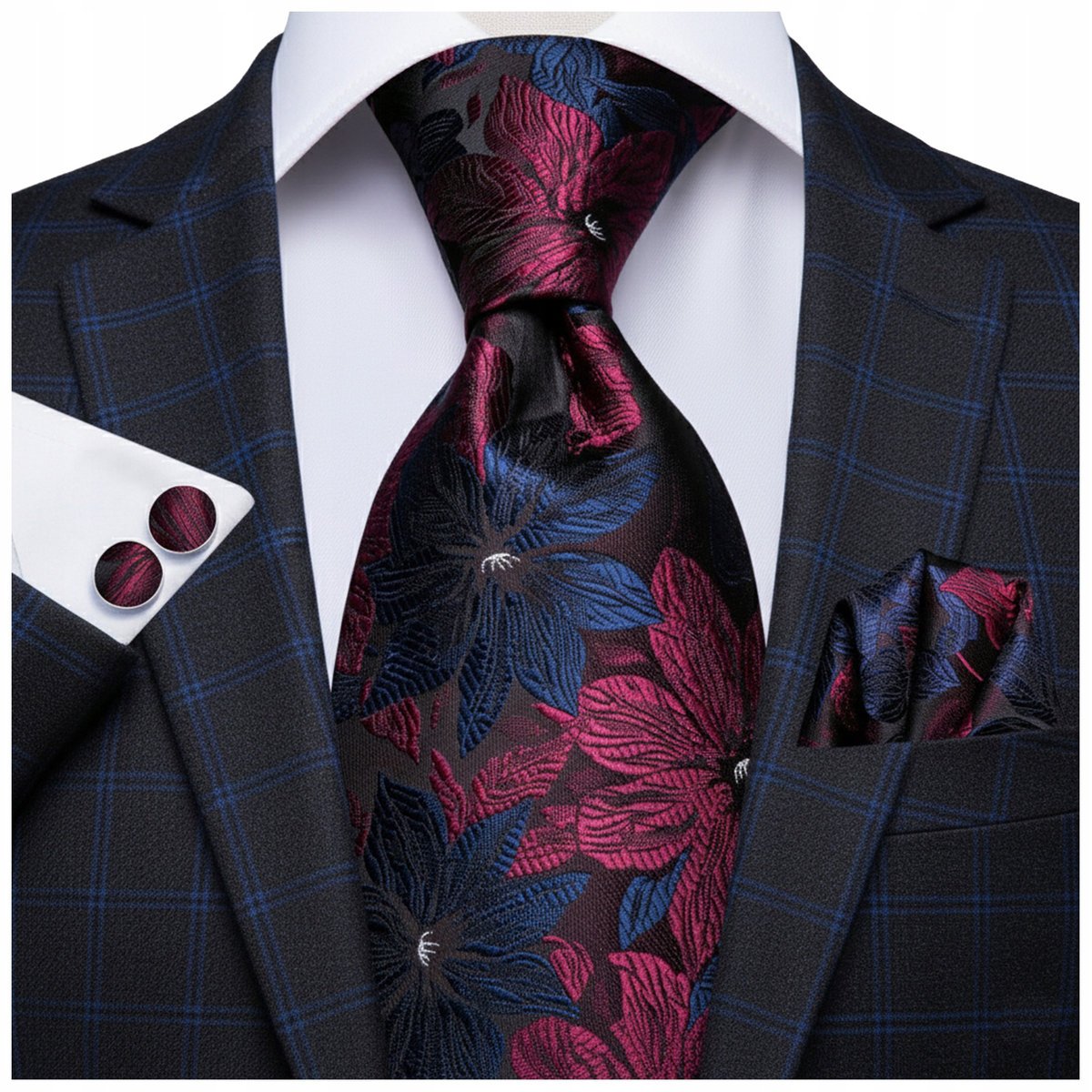 Żakardowy zestaw - krawat + poszetka + spinki