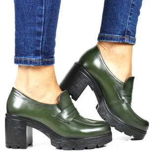 DAMSKIE MOKASYNY NA OBCASIE PÓŁBUTY NA KLOCKU POTOCKI 12154 ZIELONE LICOWE - Półbuty damskie - miniaturka - grafika 1