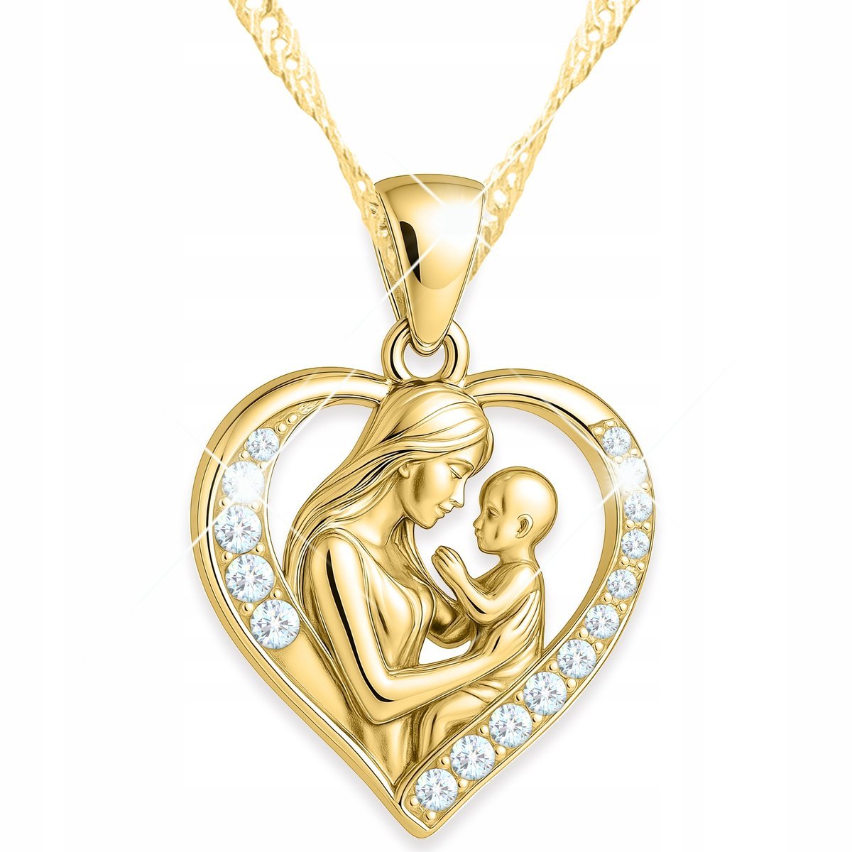 Złoty Naszyjnik Mama z Dzieckiem Serce Family Kocham Cię Mamo SREBRO 925