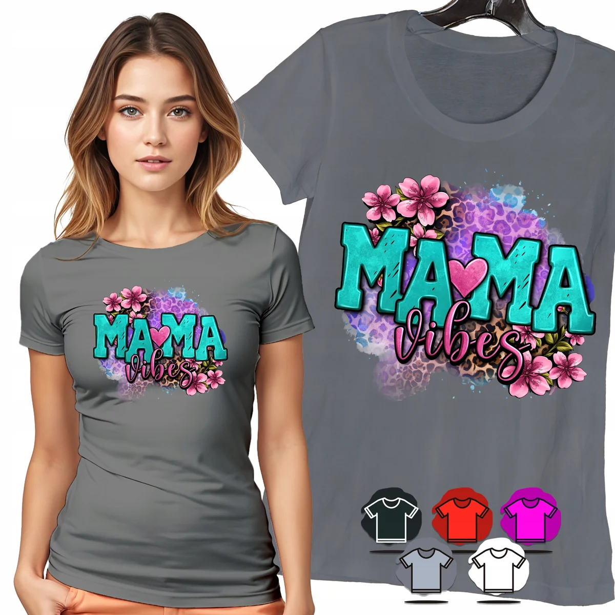 KOSZULKA DAMSKA T-SHIRT - MAMA VIBES KWIATY KOLOROWY NAPIS PREZENT - 3XL
