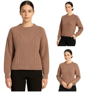 Swetry damskie - Ciepły sweter damski beżowy elegancki warkoczowy klasyczny Captain Mike L/XL - miniaturka - grafika 1