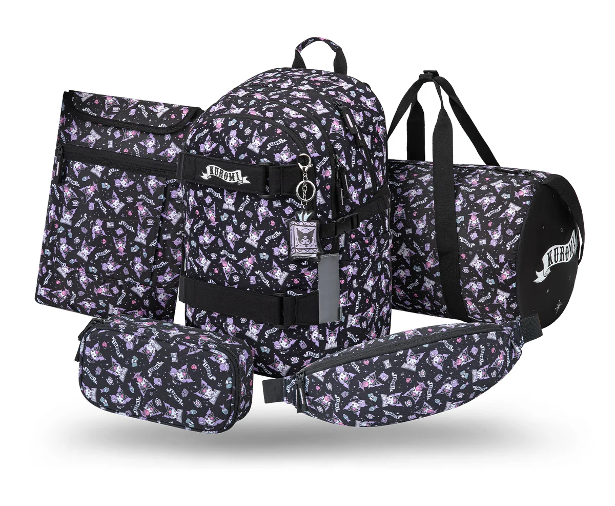 Zestaw Szkolny 5w1 BAAGL Plecak szkolny Skate Kuromi Black Ergonomiczny 25L 29x43x20 cm Czarny dla dziewczynki + Piórnik, Torba sportowa, Nerka, Etu..