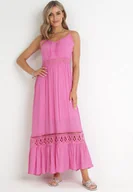 Sukienki - Fuksjowa Rozkloszowana Sukienka z Koronką na Ramiączkach Sawita - miniaturka - grafika 1