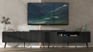 Meble Lindner Komoda RTV Glamour Nowoczesna Szafka RTV Czarny Mat Ryflowane fronty Czarne Nogi Metalowe Loft 300 cm - Szafki RTV - miniaturka - grafika 1