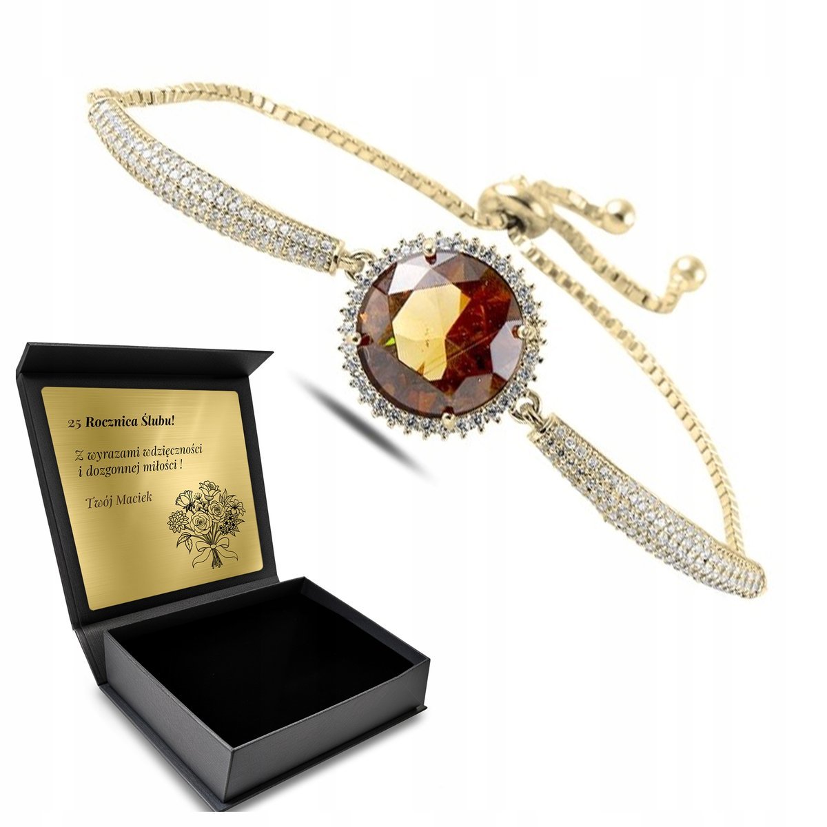 Bransoletka Pozłacana Turecka Srebrna 925 Regulowana Z Cyrkoniami + Grawer