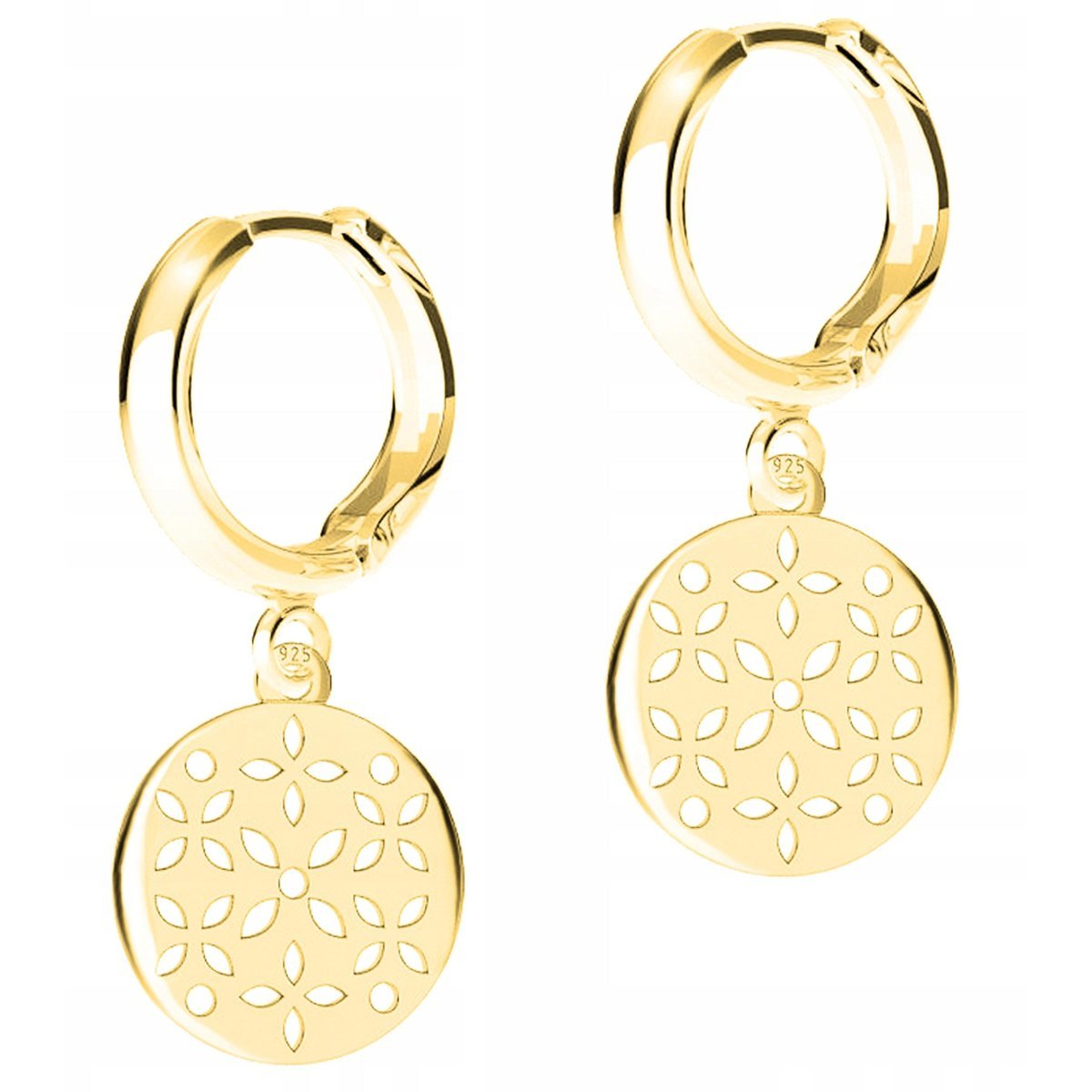 Złote Kolczyki Okrągłe Blaszki z Kwiatami Ażurowe Kwiatki SREBRO 925