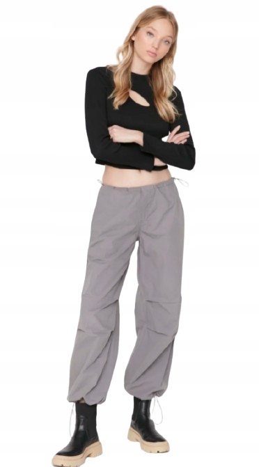 TRENDYOL SZARE CASUAL SPODNIE Z SZNUROWANIEM NA NOGAWKACH 38 J9A