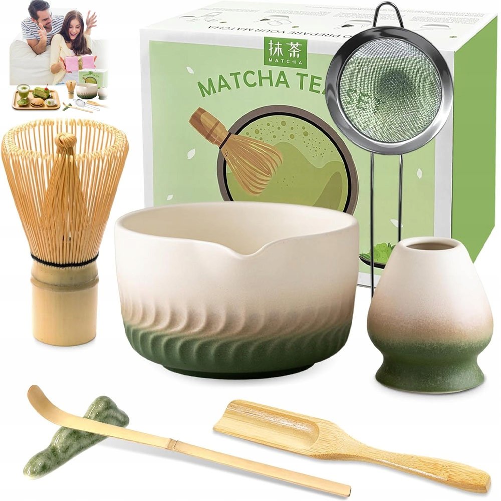 7 Elementów Zestaw Do Matcha Bambusowy Z Sitkiem I Łyżkami Zielony