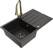 Zlewozmywaki z baterią - Mexen Bruno zlewozmywak granitowy 1-komorowy z ociekaczem i baterią kuchenną Elia, czarny/złoty metalik - 6513-75-670101-50-B - miniaturka - grafika 1