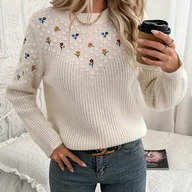 Swetry damskie - TEMU Damski sweter z kwiatowym haftem - Miękki i wielokolorowy w pastelowych odcieniach, przytulny sweter zimowy z okrągłym dekoltem, do prania w - miniaturka - grafika 1