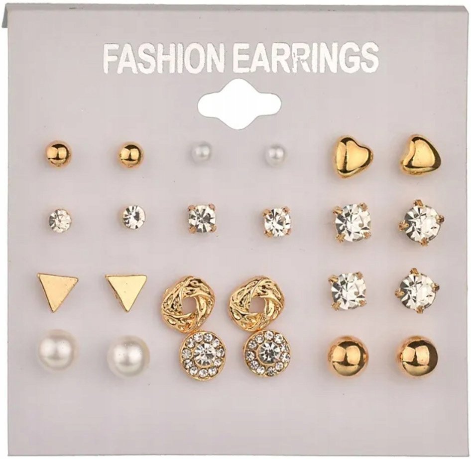 Zestaw 12 par Kolczyków Cyrkonie Perły Kolczyki Pozłacane Mosiądz